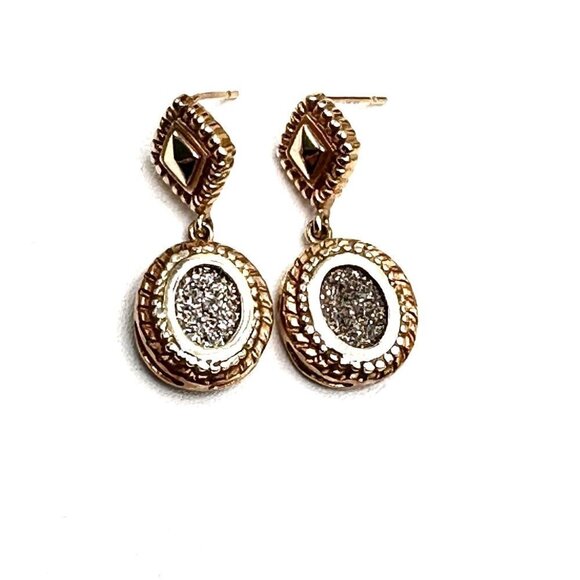 10K Yellow Gold Titanium Drusy Quartz Pierced Chandelier 1 Inch Earrings - Picture 4 of 6